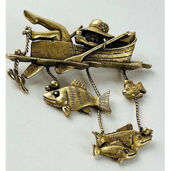 Danecraft D Girl Fishing Relaxing Brooch Fish Row Boat Hat Gold tone Toes 2.5" W - Picture 1 of 14